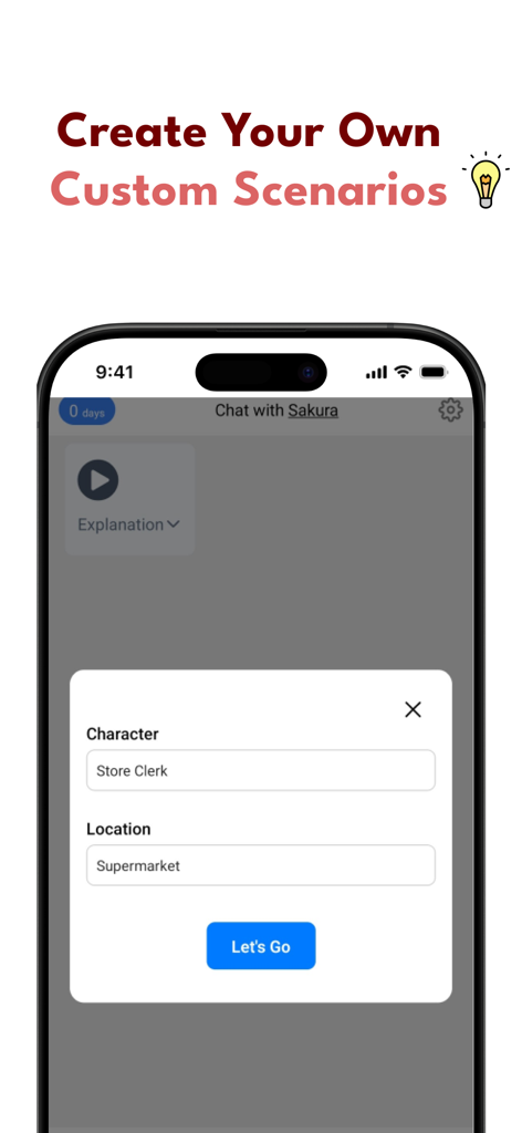 Speak Japanese - SakuraSpeak - Interface showing the creation of a custom Japanese speaking scenario with an AI character in a supermarket
