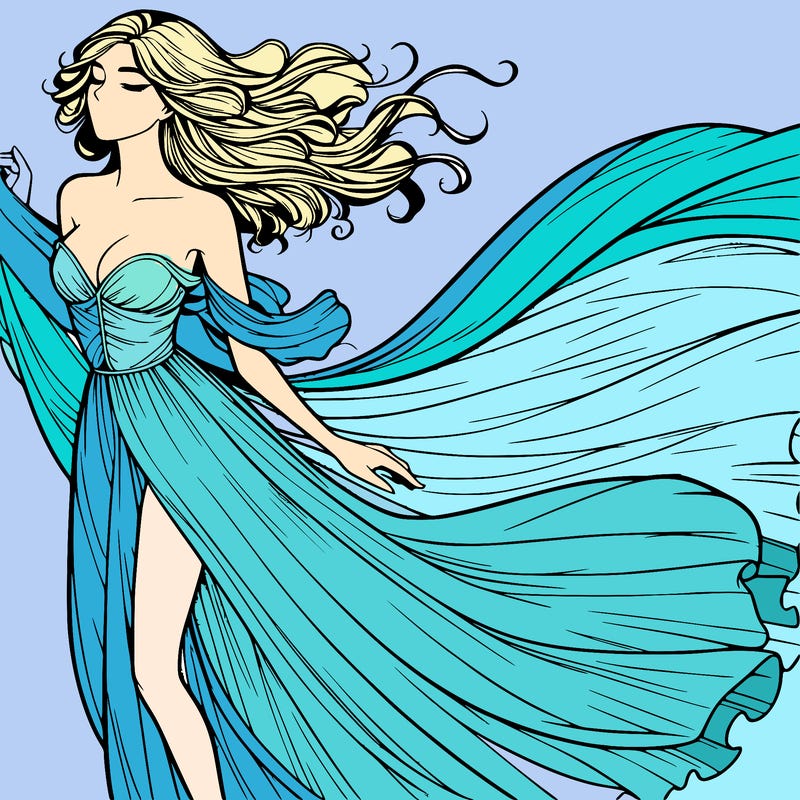 realistic woman in dress flowing the the wind