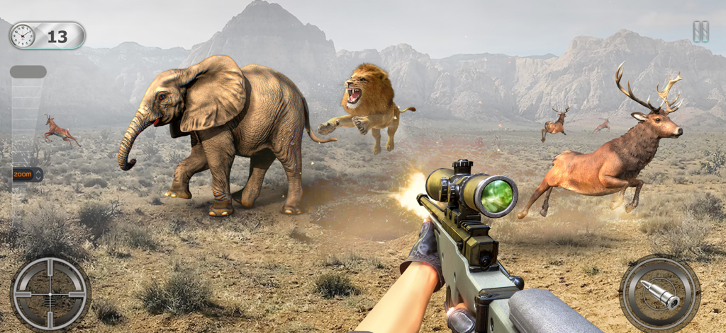 Deer Hunting Sniper 3D - Egoperspektive eines Snipers, der im Wüstengebiet Wildtiere wie Löwen und Elefanten jagt