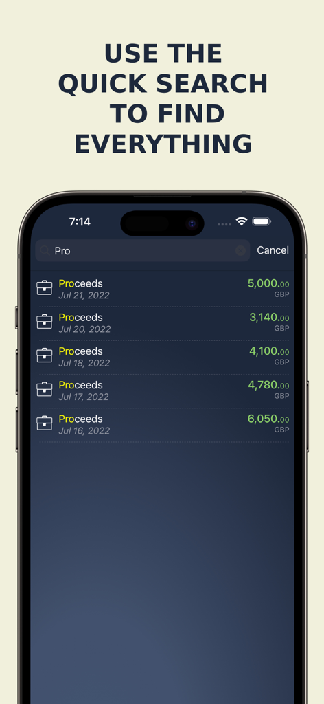 MoneyBe - Interfaccia dell'app MoneyBe che mostra i risultati della ricerca rapida per transazioni e entrate aziendali.