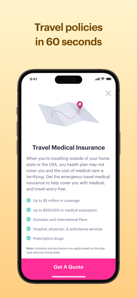 Goose Insurance - Goose Insurance mobile app showing travel medical insurance coverage options