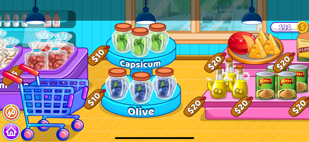 Pizza and Unicorn Cake Maker - Una colorida pantalla de tienda de comestibles de dibujos animados donde los jugadores seleccionan ingredientes como aceitunas y queso para sus pizzas y pasteles de unicornio