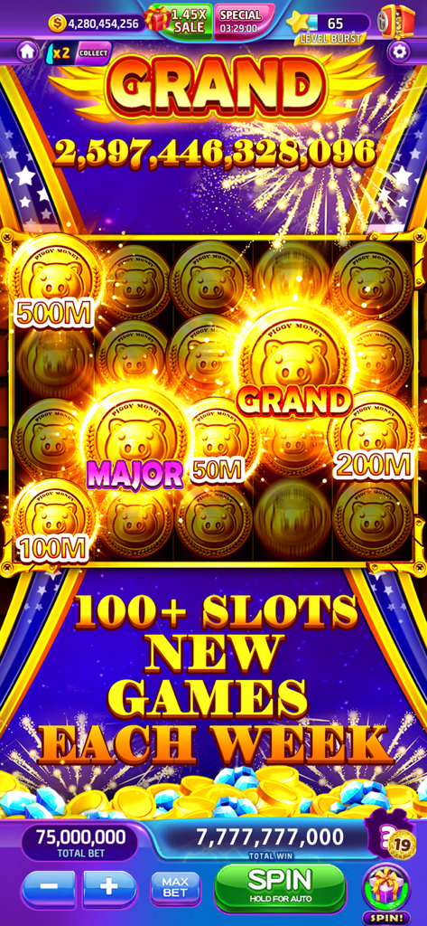 Lava Slots™- Casino Games - Interfaz del juego de casino Lava Slots que muestra un gran bote de un billón de monedas y recompensas de hucha