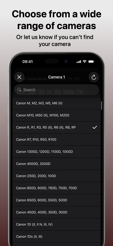 Mobiler Bildschirm zeigt eine lange Liste von Canon-Kameramodellen zur Auswahl in der Simple DoF Rechner App