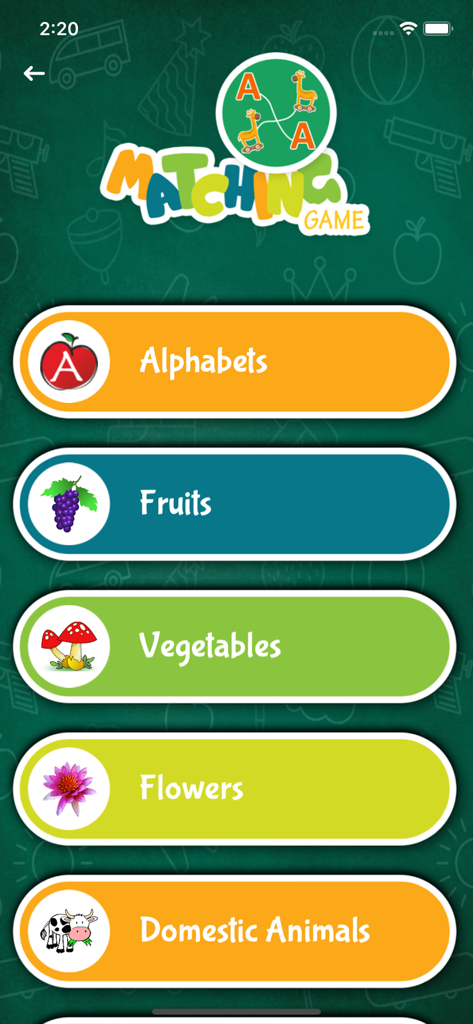 Match It - Fun Learning Game - Main menu of the Match It educational game for kids showing categories like alphabets fruits and animals