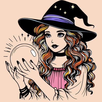 realistic girl with a witch hat and wavy hair on her head touching a orb