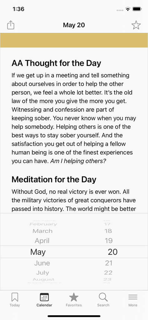 Daily thought and meditation screen for May 20 in the Twenty-Four Hours a Day recovery app