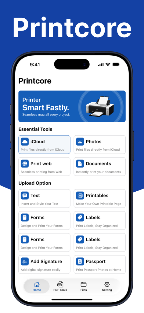 HP Smart Printer App • iPrint - Dashboard of the Printcore mobile app showing tools for printing documents, photos, and adding digital signatures