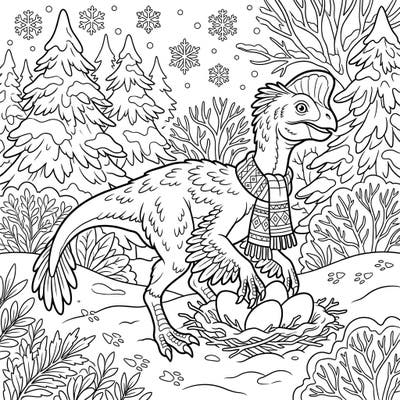 Journey into a charming winter wonderland with this Oviraptor coloring page, specially designed for seniors. Enjoy large, clear outlines as you bring this unique dinosaur and its snowy surroundings to life with your favorite colors.