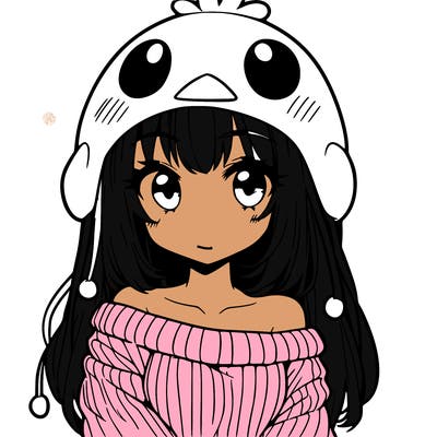 anime girl with chick shaped hat with sweater with bare shoulders with bangs covering them one eye with low tail