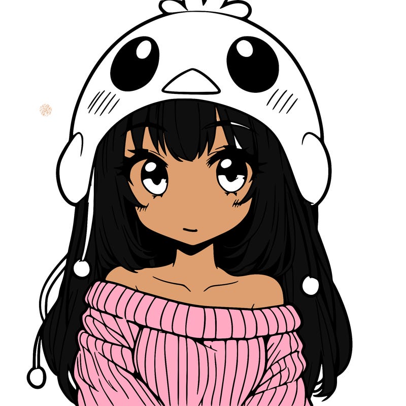 anime girl with chick shaped hat with sweater with bare shoulders with bangs covering them one eye with low tail