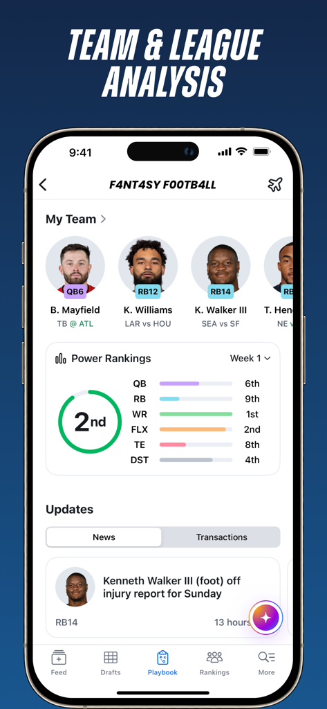 FantasyPros app dashboard showing team power rankings, player rosters, and latest injury news.