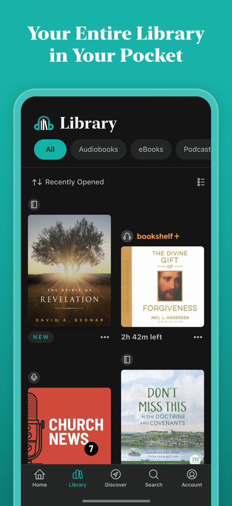 Interface of the Deseret Bookshelf app showing the library view with various LDS eBooks, audiobooks, and podcasts.