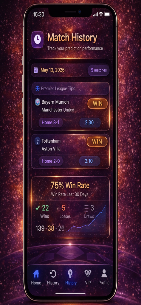 Daily Football Predictions Ai - Pantalla del historial de partidos de la aplicación Daily Football Predictions Ai que muestra una tasa de victorias del 75 por ciento y predicciones de fútbol exitosas