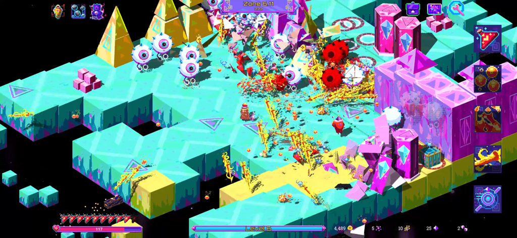 Neon Spellstorm - Personaje mago atacando a enemigos flotantes con forma de ojo en un paisaje de vóxeles de neón.