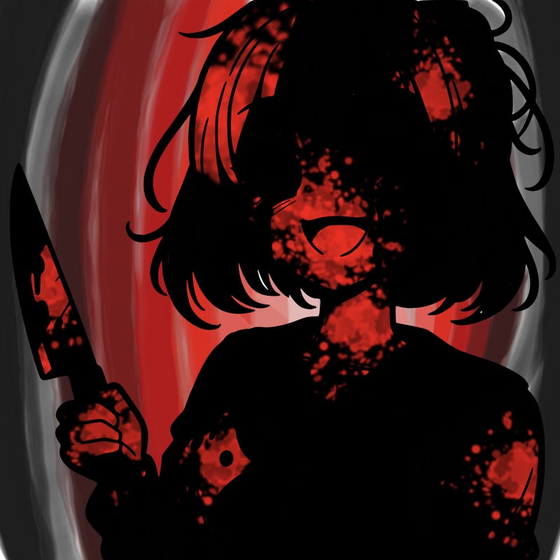 anime styled girl smiling holding a knife and covered in blood