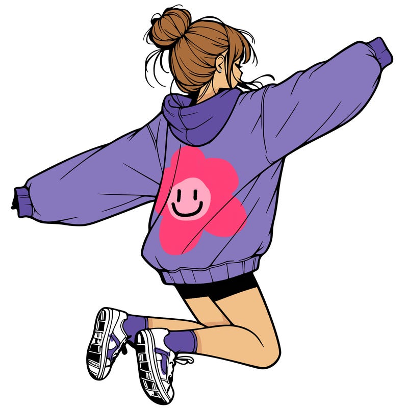 realistic girl jumping with a bun and oversized sweatshirt