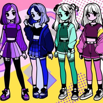 one girl with crop-top shirt and a jacket with a skirt, long socks and another girl with a shirt and pants with a jacket