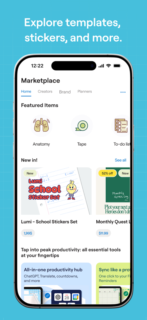 Screenshot of the Goodnotes marketplace featuring digital stickers, templates, and planner tools for students and professionals.