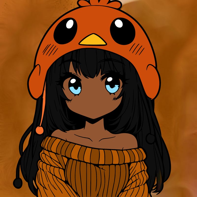 anime girl with chick shaped hat with sweater with bare shoulders with bangs covering them one eye with low tail