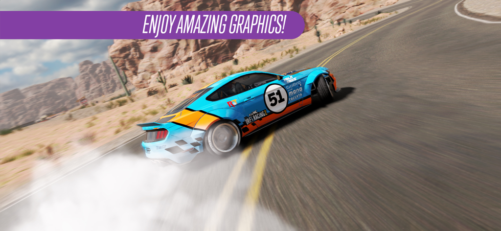 A sports car drifting through a desert canyon with tire smoke