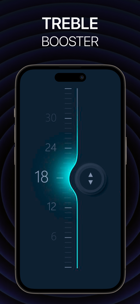Bass Booster | Volume | Treble - A mobile app interface displaying the treble booster slider with numeric level indicators.