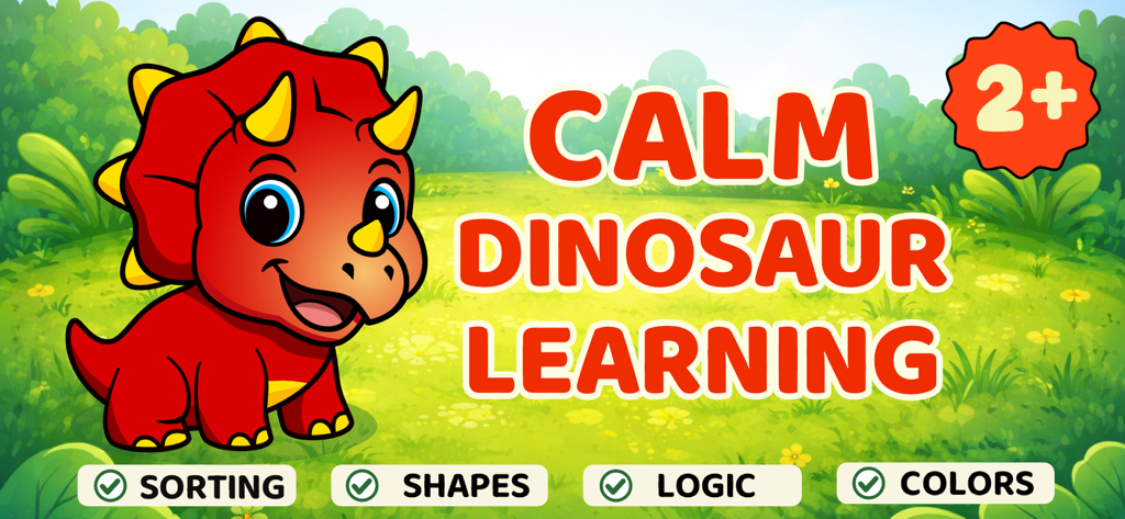 Dinosaur Games For Kids 2-7 - A cute red cartoon dinosaur in a sunny meadow with text promoting educational games like sorting shapes and logic for children aged two and up