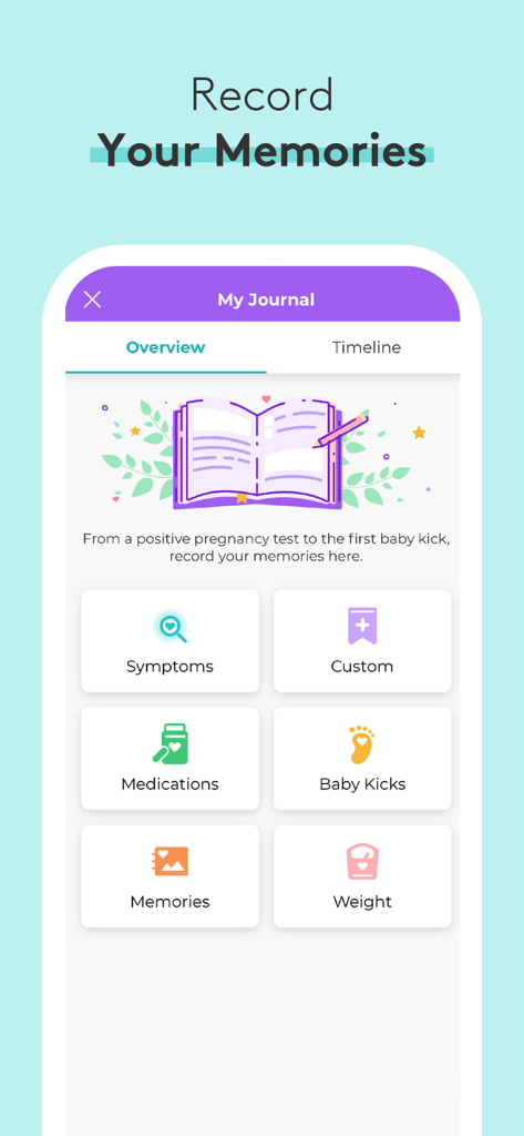 Oberfläche der What to Expect App, die den Abschnitt "Mein Tagebuch" mit Optionen zur Aufzeichnung von Schwangerschaftssymptomen, Babytritten und Gewicht zeigt.