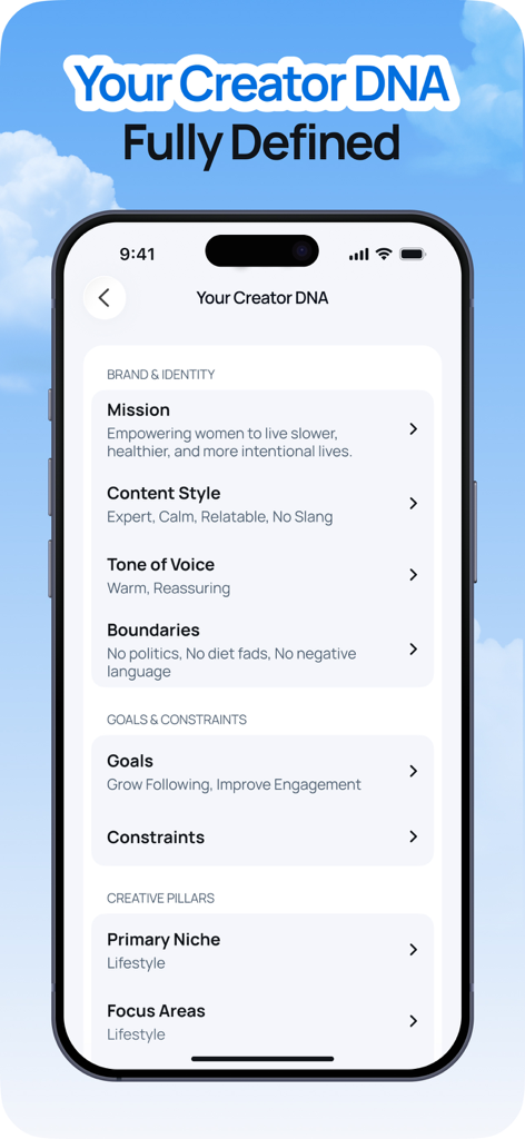 Trendy Profile Tracker & Boost - クリエイターDNAのブランドアイデンティティとコンテンツスタイル設定を表示するモバイルアプリインターフェース