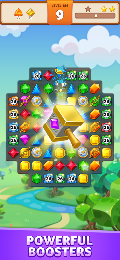 Jewel Match King - A golden hammer booster activating on a Jewel Match King puzzle board with colorful gems.