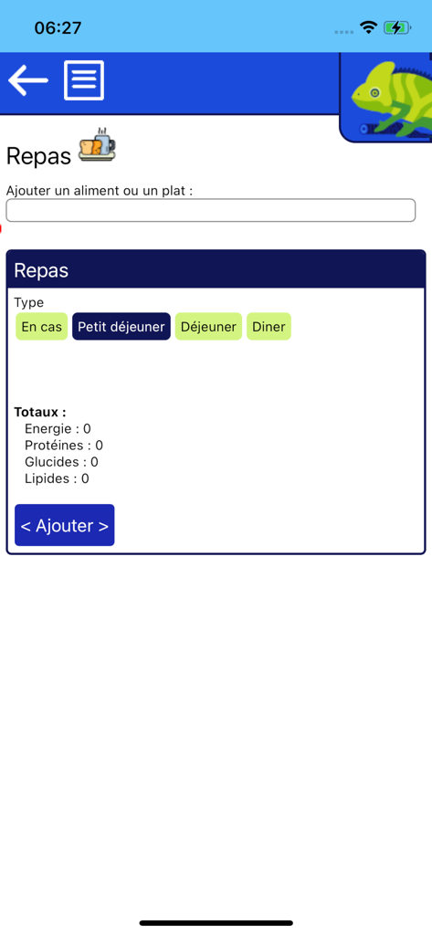Mon Glucko - Diabète - Interface para rastrear refeições no aplicativo de diabetes Mon Glucko.