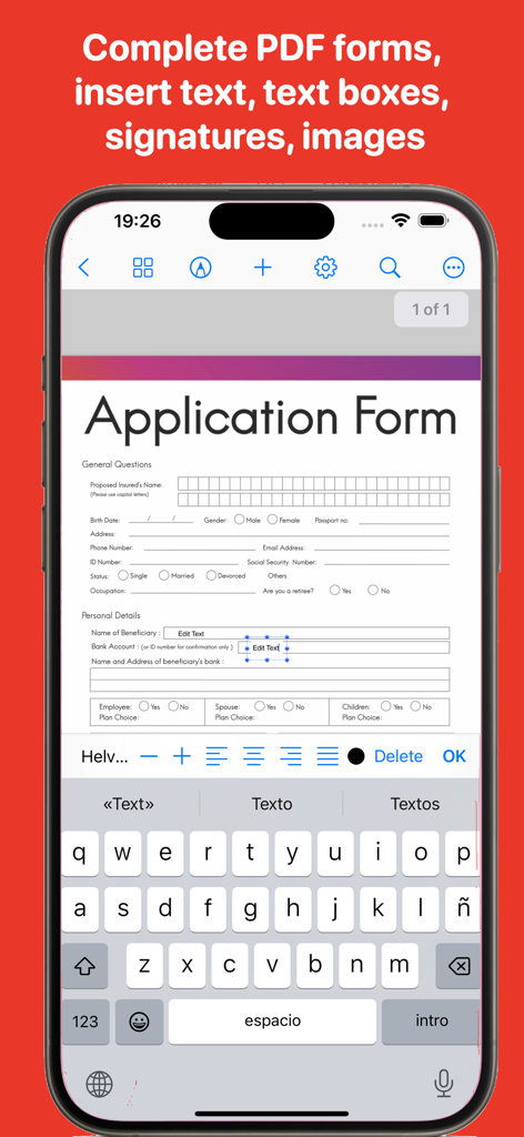 iPhone screen showing a PDF application form being filled out using a mobile keyboard.