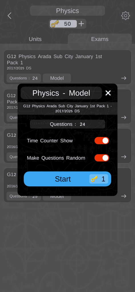 Ethio Learn Grade 7-12 Quizzes - Start screen for a grade 12 physics model exam in the Ethio Learn app