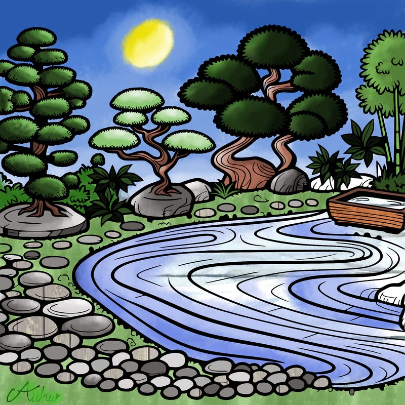 a serene zen garden with raked gravel, bonsai trees, and tranquil ponds