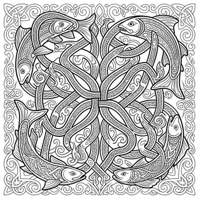 Immerse yourself in the serene beauty of this intricate Celtic Fish Knots coloring page, designed specifically for adults. Featuring elaborate fish intertwined with classic Celtic patterns, it offers hours of mindful relaxation and creative expression.