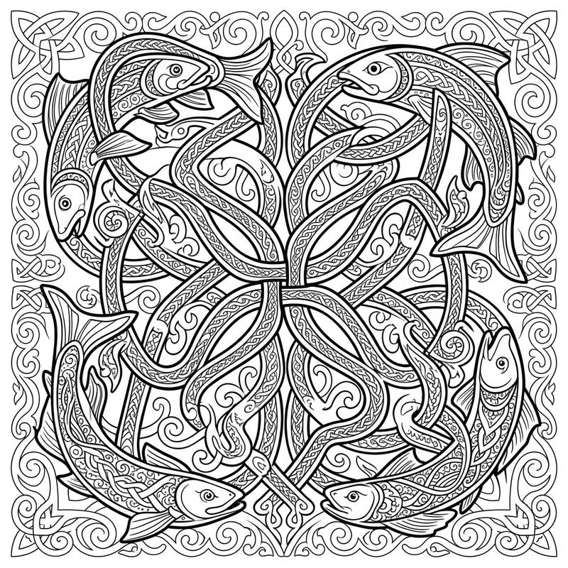 Immerse yourself in the serene beauty of this intricate Celtic Fish Knots coloring page, designed specifically for adults. Featuring elaborate fish intertwined with classic Celtic patterns, it offers hours of mindful relaxation and creative expression.
