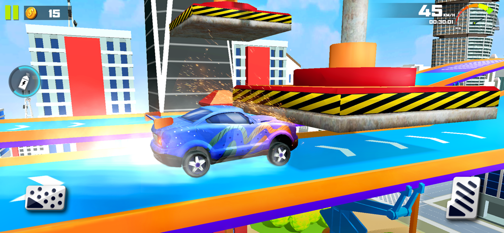 Race Master 3D - Car Stunts - A blue sports car performing stunts on a city track with obstacles in Race Master 3D.