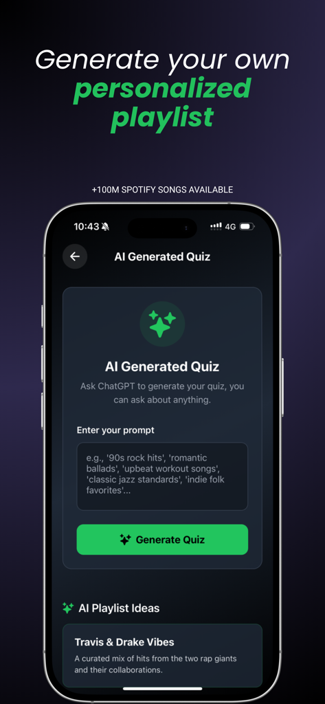 Interface of the Spotiguess app showing how to generate an AI personalized music quiz using a text prompt on an iPhone.