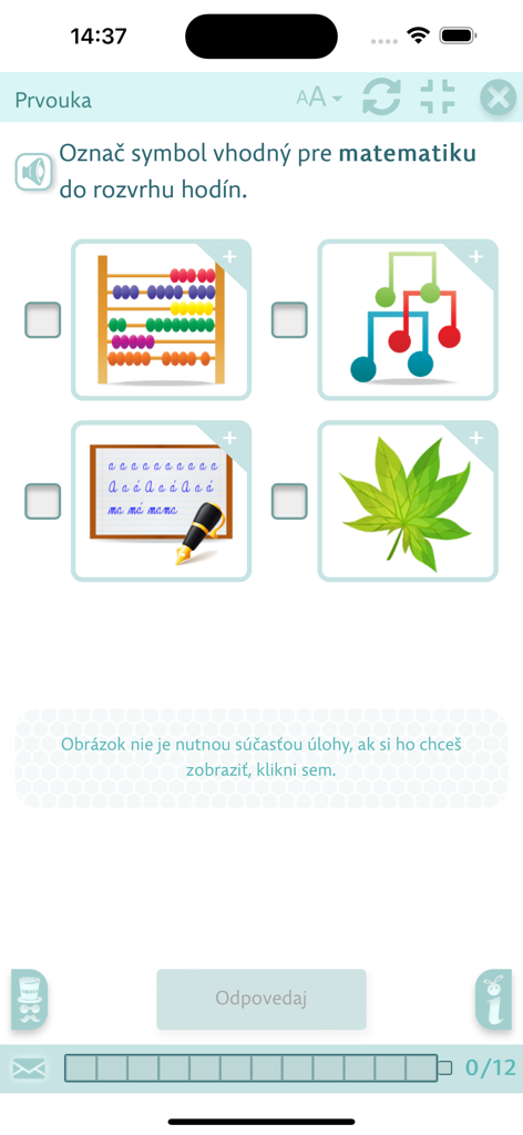 Smartbooks-App-Oberfläche mit einer Multiple-Choice-Frage zur Identifizierung eines mathematischen Symbols aus vier Lernsymbolen