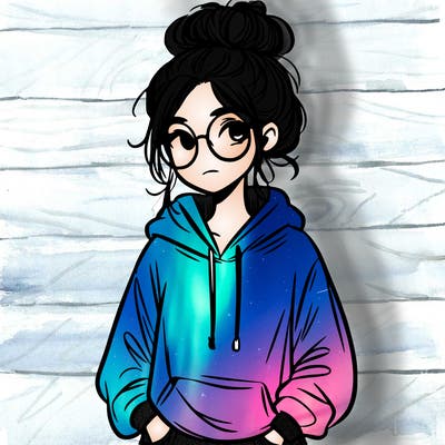 teen girl with a messy bun and glasses wearing a loose hoodie and jeans