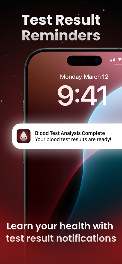 AI Blood Test Analyzer - Smartphone screen showing a push notification that blood test analysis is complete and results are ready in the Blody app