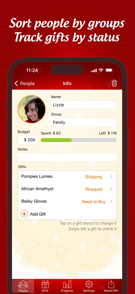 クリスマスのギフトリストプロアプリのスクリーンショットで、個人のギフトのステータスと予算トラッカーを表示。