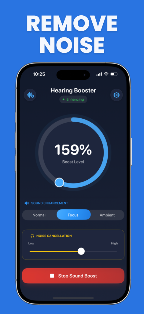 Hearing Aid Pro 3 for AirPods - Hearing Aid Pro app interface showing noise cancellation and 159 percent sound boost level