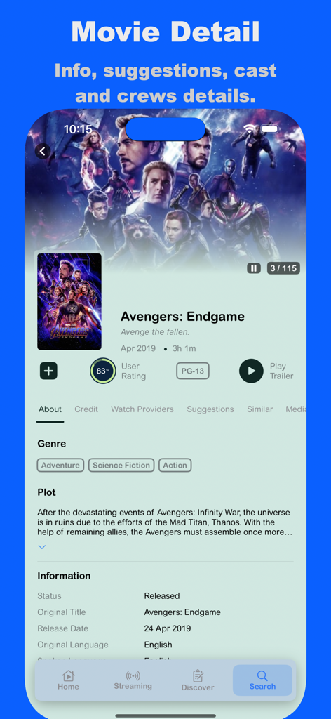 FlixHub app movie detail screen for Avengers Endgame showing synopsis and ratings