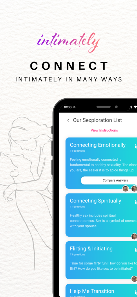 Una pantalla de smartphone de la aplicación Intimately Us que muestra la Lista de Exploración Sexual para parejas.
