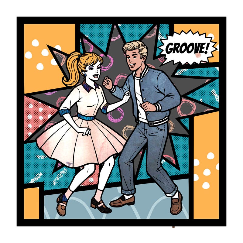 50’s sock hop girl and boy dancing
