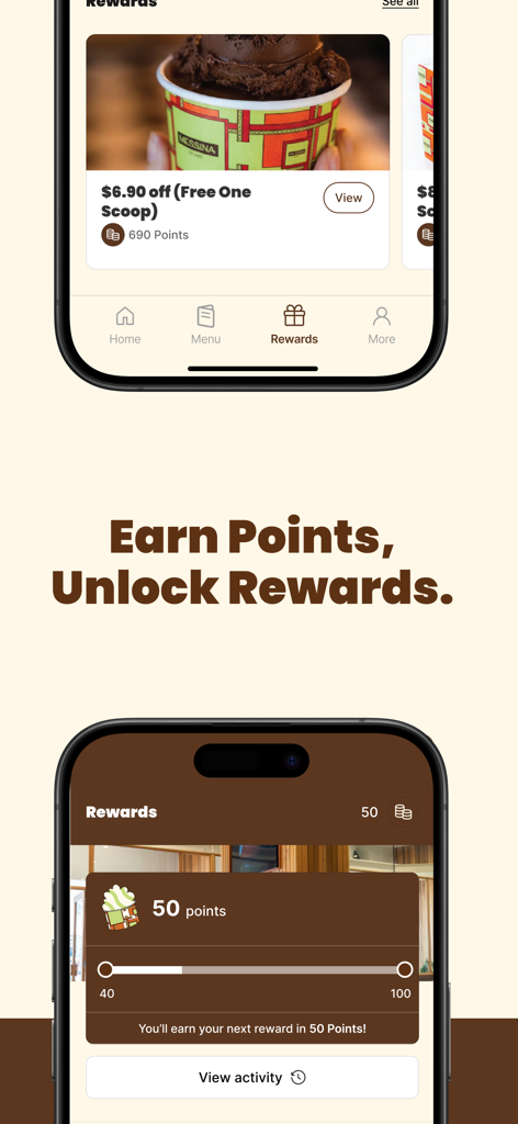 Gelato Messina - Gelato Messina mobile app screens showing loyalty points and reward offers for free scoops.