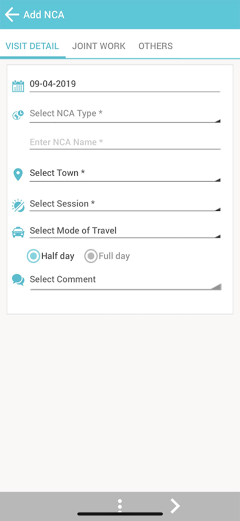 Phyzii Mobile 2.3 - Phyzii Mobile app interface showing the Add NCA form for recording pharmaceutical sales visit details