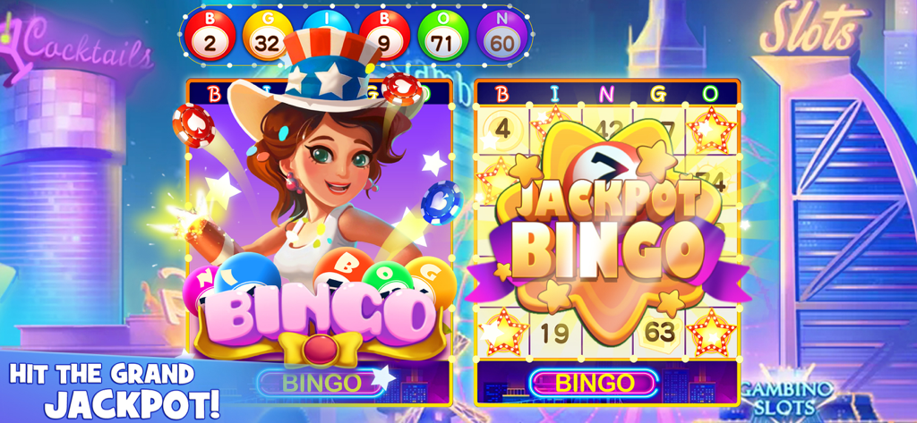 Bingo Lucky: Happy Bingo Games - Bingo Lucky game screen showing a grand jackpot win and a woman in a patriotic hat