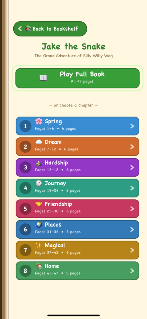 JTS Typing Game - Chapter selection menu for the Jake the Snake interactive storybook featuring eight color-coded chapters from Spring to Home.
